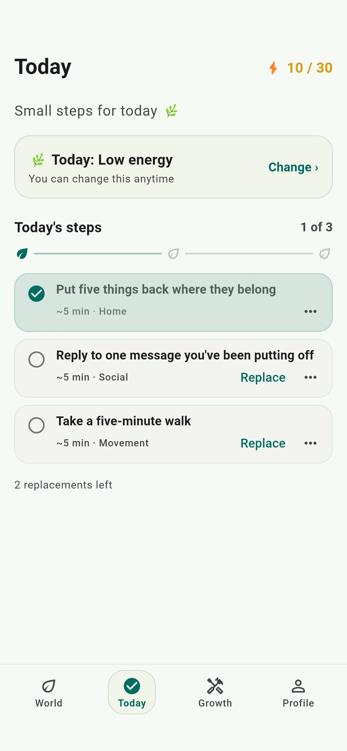 Lifegame Today screen with three small steps