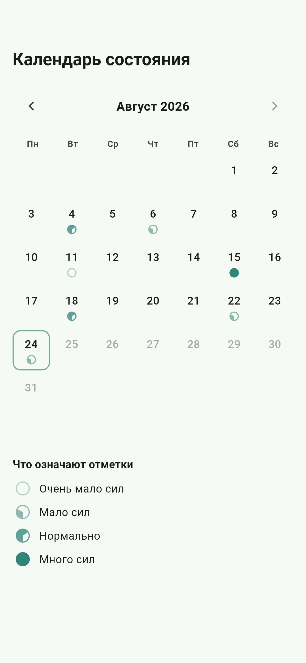 Календарь Lifegame с отмеченными уровнями сил