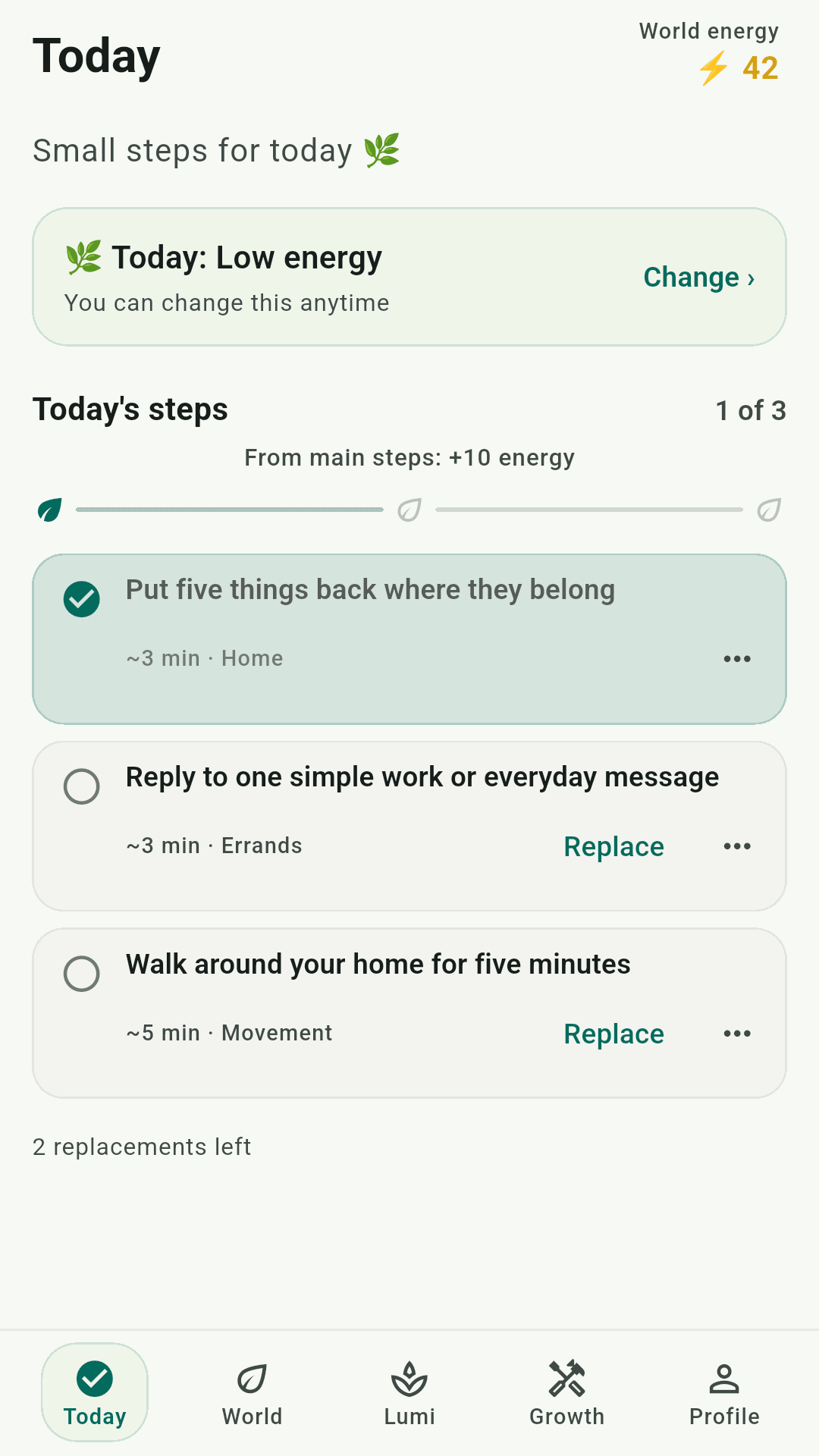Stepvale Today screen with ready-made everyday tasks
