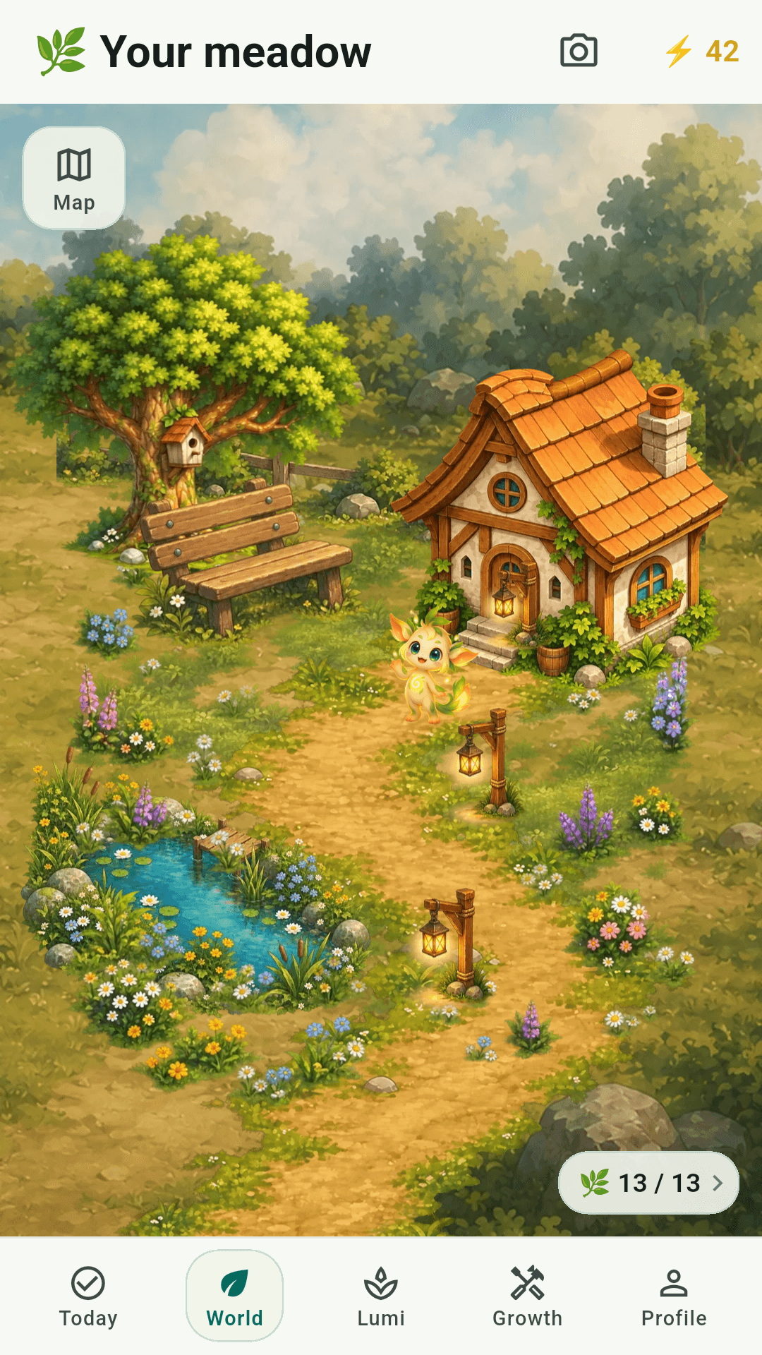 The Stepvale Meadow with a house, tree, pond, Lumi, and a flower-lined path